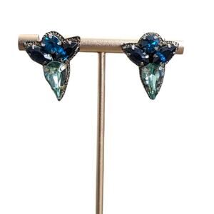 SUZANNA DAI Blue Cluster Rhinestone Leather Back Earrings Anthropologie